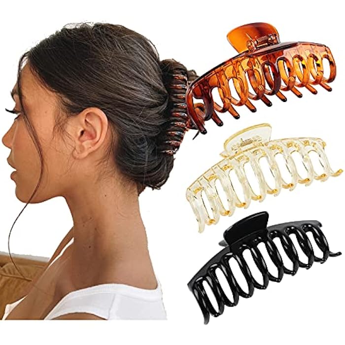 VinBee 3 Pack Large Chic Styling Matte Hair Claw Clip, 4.3 Inch Acrylic Hair Clips for Thick Hair Claw, Big Hair Clips Accessories for Girls Banana Clips Clamp Accessories for Women (Black, Amber,Red） - Image 1